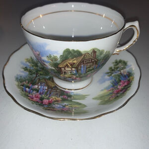 Royal Vale Teacup and Saucer Set, Multicolor house scene